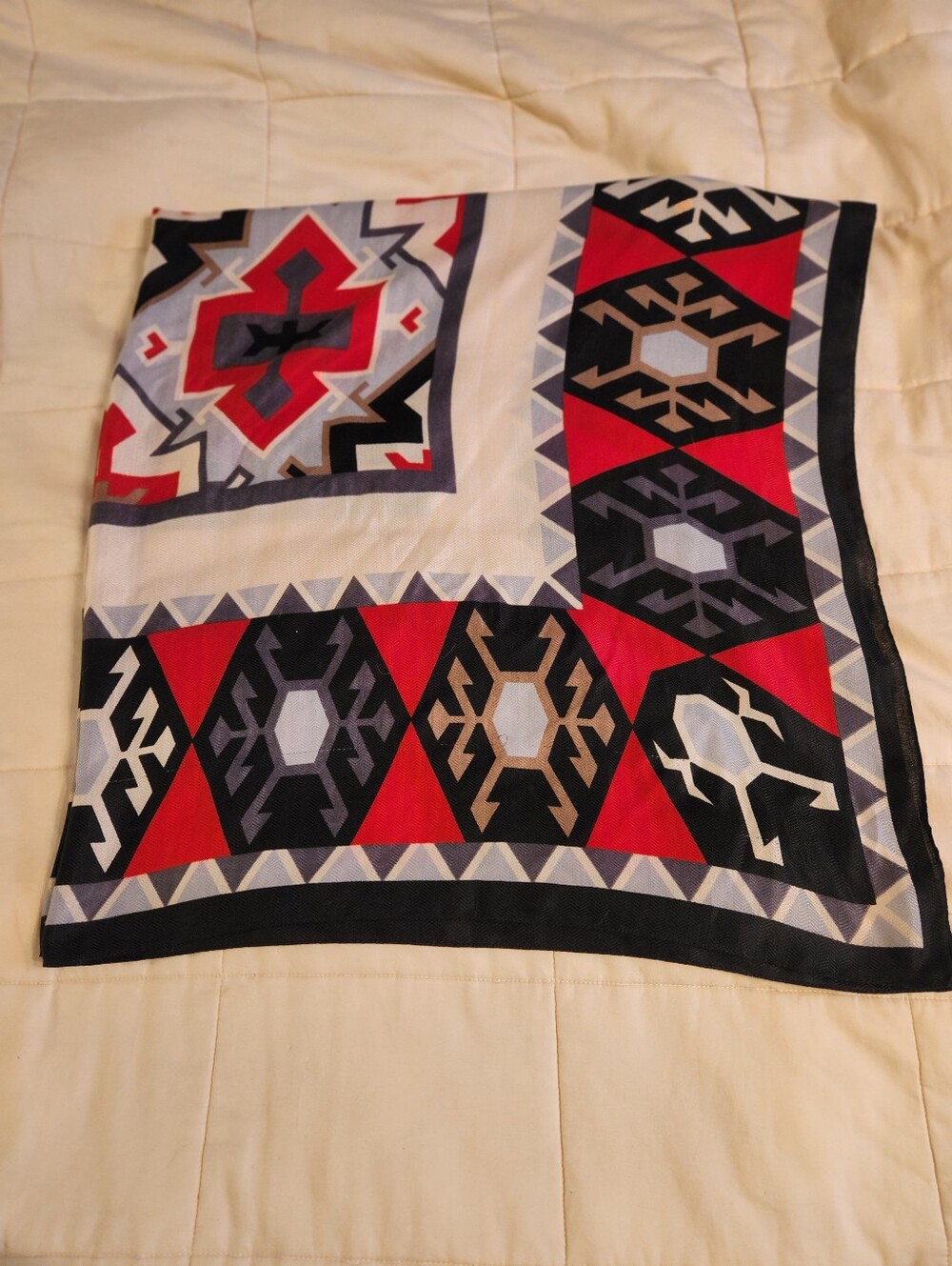 Vintage Southwestern Print Scarf, Red, Black White, Aztec 46 Inch Square EUC